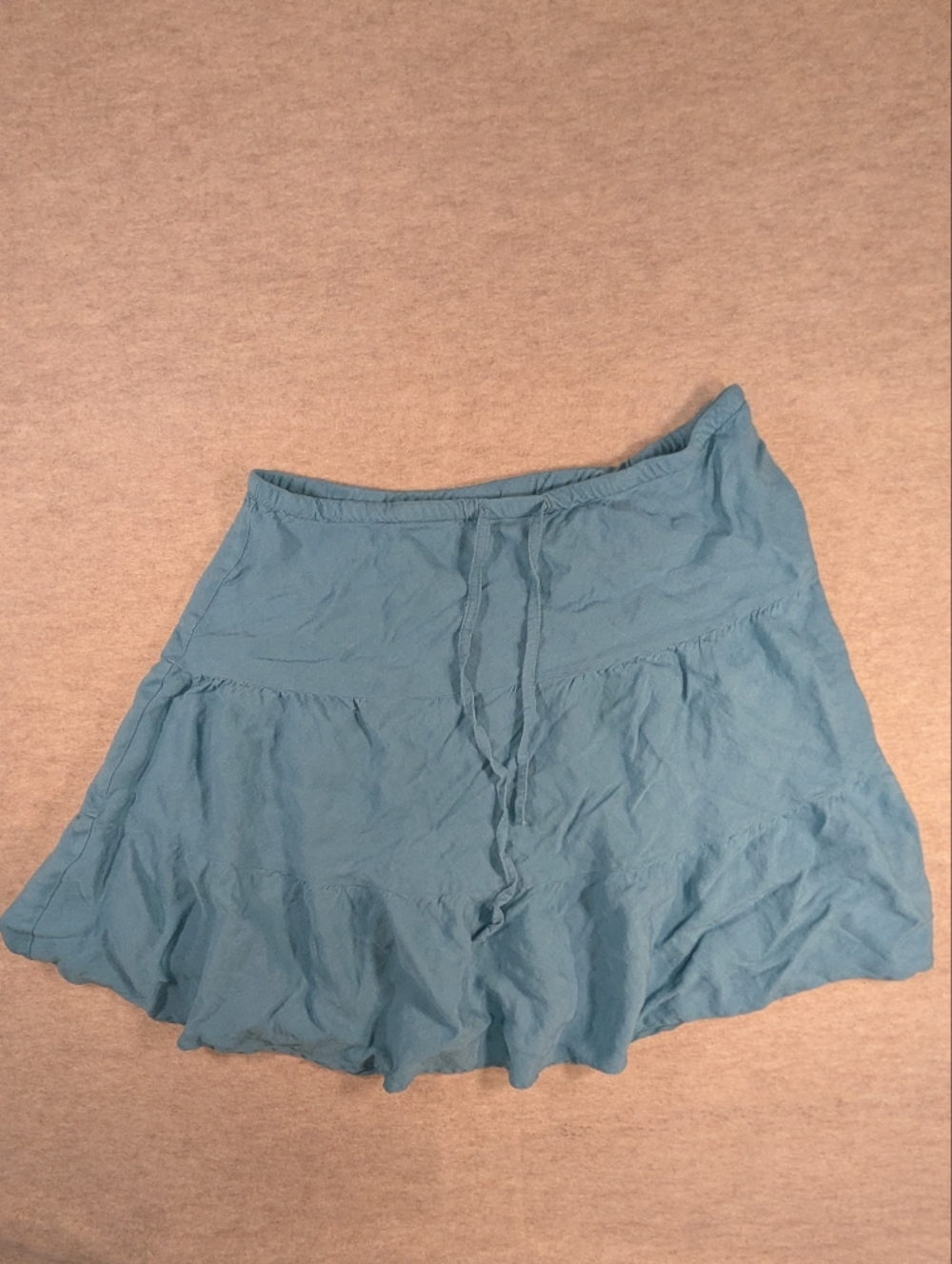 Vintage 90s Y2K Teal Linen Blend Knee Length Skirt Minimalist Twirl Tiered Large
